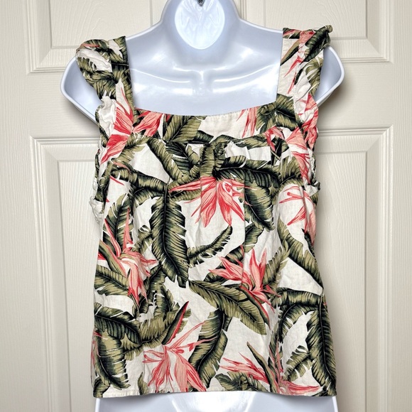 LOFT Tropical Floral Ruffle Strap Linen Blend Tank Top Size M - Picture 2 of 5